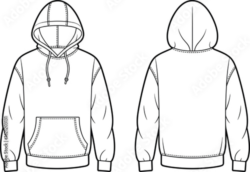 Pullover hoodie sweatshirt flat sketch, fashion CAD drawing, front and back view, technical vector design, casual streetwear apparel template