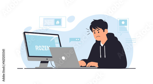 Annoyed Man With Frozen Computer Frustrated By Technological Challenges Illustration