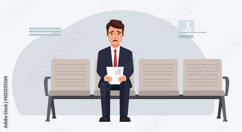 Anxious businessman awaiting results with tears of disappointment in waiting room