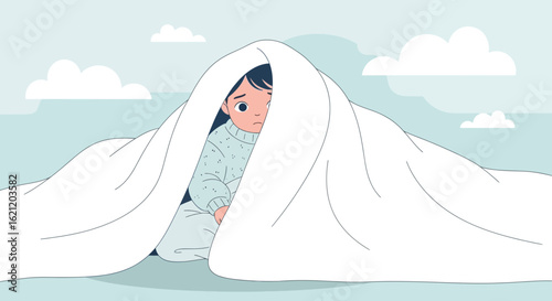 Anxious Child Hiding Underneath a Blanket Feeling Sad or Fearful Illustration