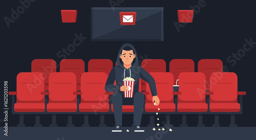 Anxious Man Attending Lonely Cinema Showing Holding Popcorn Bucket And Drink