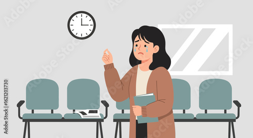 Anxious woman waits in a waiting room for a job interview nervously feeling the stress