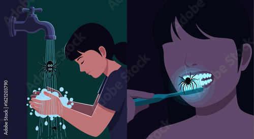 Arachnophobia Nightmare Depicting Everyday Hygiene Activities in Dark Minimalist Style