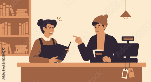 Argument At A Bookstore Between A Seller And A Client In Vector Art