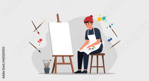 Artist's Block: A Depressed Painter Contemplates a Blank Canvas in Studio