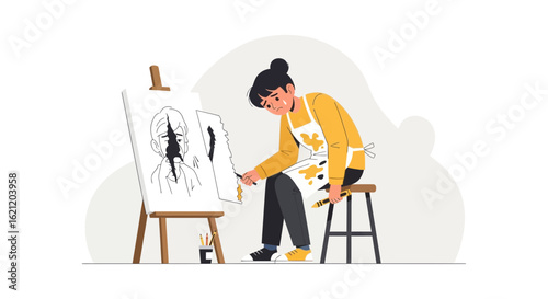 Artist's struggle with self-doubt and creative block, tearing the drawing in frustration and despair, facing artistic challenges
