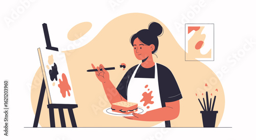 Artistic Pursuit Young Woman Painting while Holding Sandwich on Palette