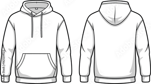 Unisex hoodie flat sketch template, front and back view, fashion vector illustration, apparel design mockup, casual streetwear clothing layout