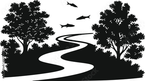 Black and white landscape silhouette with winding path trees and swimming fishes representing nature and serenity design