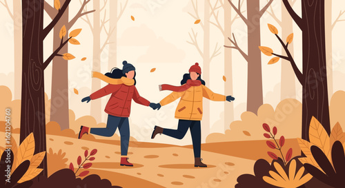 Autumnal Joy Two Friends Embrace Nature's Beauty In Vibrant Fall Forest