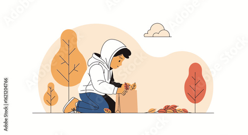 Autumnal Harvest Collecting Fallen Foliage Illustration With Boy In Hoodie