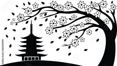 Silhouette illustration of a japanese pagoda and cherry blossom tree under a gentle breeze in a black and white style for cultural projects