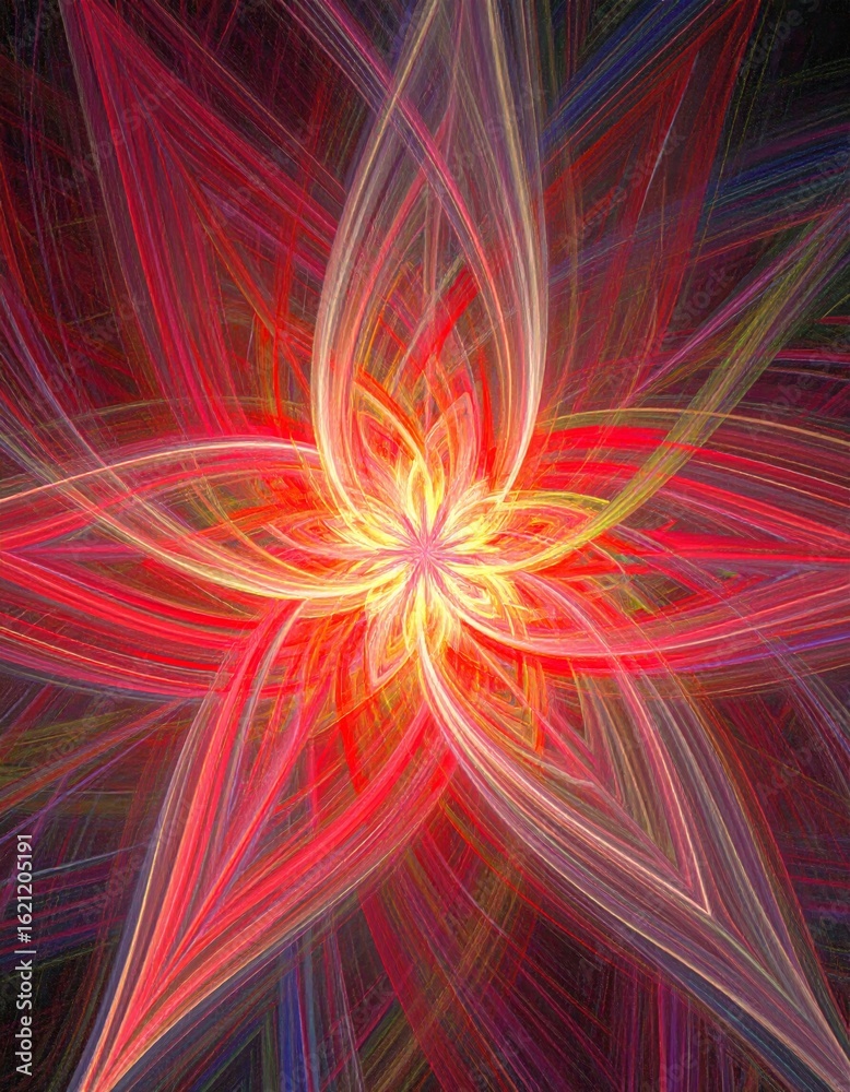 Obraz premium Abstract Fractal Art with Red and Yellow Rays on Dark Background Generative Art