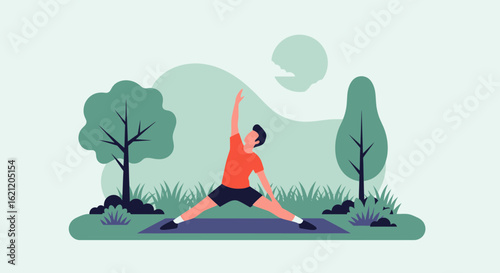 Balanced Living Man Practicing Triangle Pose In A Tranquil Outdoor Setting