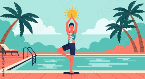Balanced Wellbeing Tropical Man Practicing Yoga Tree Pose by The Poolside