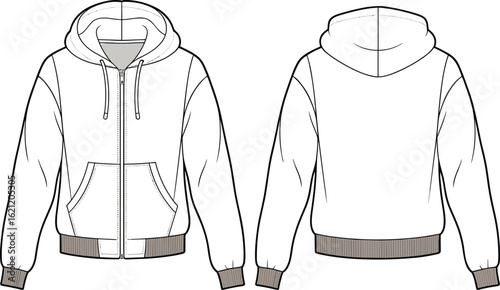 Zipper hoodie flat sketch with drawstring hood, ribbed hem and cuffs, fashion cad design, front and back view vector