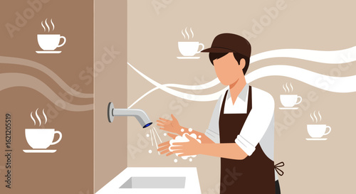 Barista Washing Hands In A Restroom To Ensure Proper Hygiene During Coffee Preparation