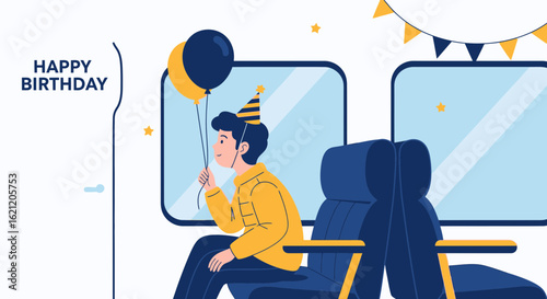 Birthday celebration on the train illustration with balloons and party decoration for banner or poster template design
