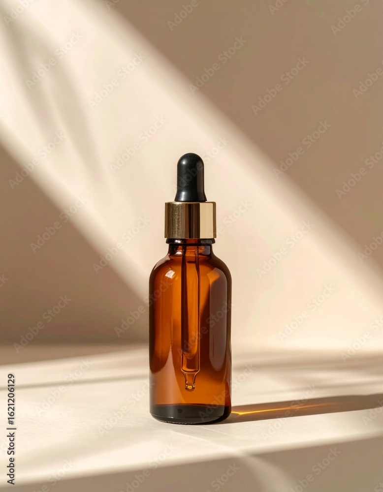 Naklejka premium Amber Glass Bottle with Gold Dropper on Beige Surface in Soft Sunlight