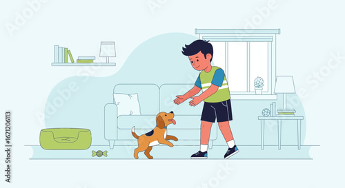Boy And Puppy Playing Happily Together At Home With Natural Daylight