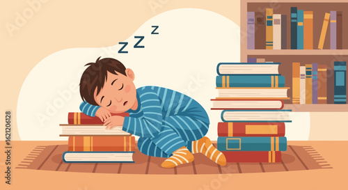Boy Asleep On Stack Of Books After Long Hours Of Studying Education