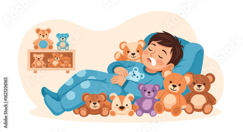 Boy Asleep Surrounded With Adorable Teddy Bear Stuffed Animals In Bedroom