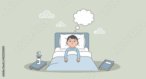 Boy Awake In Bed Thinking Deeply About Something With Cloud Graphic