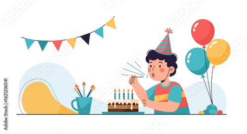 Boy Celebrating Birthday Blowing Candles With Party Decoration Illustration