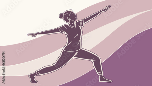 Yoga pose illustration in purple tones depicting a woman performing a warrior two asana demonstrating fitness exercise and wellbeing practice
