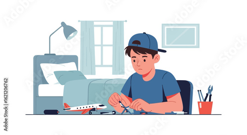 Boy Concentrating On Building A Model Airplane In His Bedroom At Home