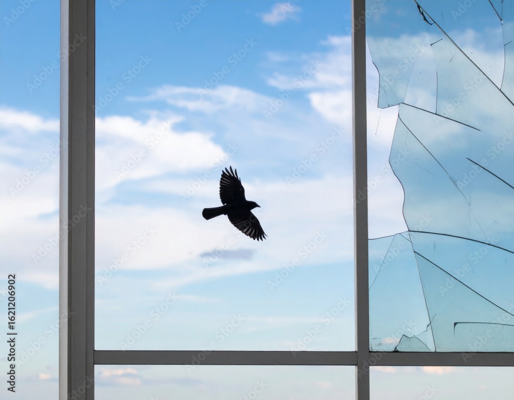 Obraz premium Silhouette of Flying Bird Through Broken Glass Window with Bright Blue Sky