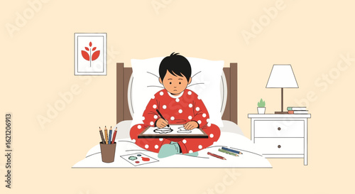 Boy Drawing In Bed Creating Artwork Wearing Pajamas At Home