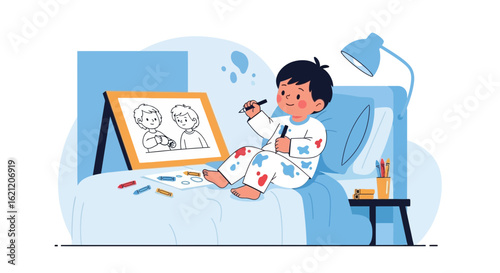 Boy Drawing on His Bed, Creative Childhood Art Activity Concept Illustration