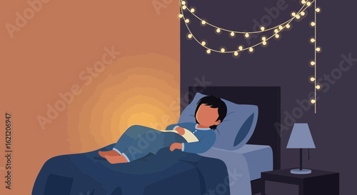 Boy Dreamily Sleeping Peacefully Beneath Warm Fairy Lights In Cozy Room