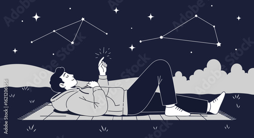 Boy Dreaming Underneath Stars Discovering Constellations During Night Time