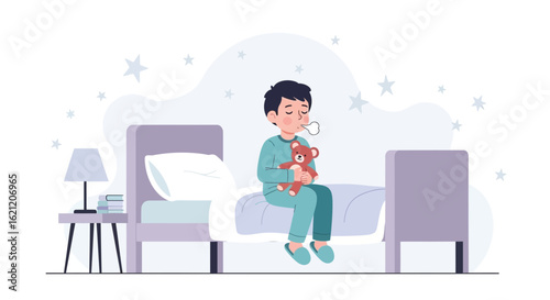 Boy Dressed In Pajamas Sitting On His Bed Hugging A Teddy Bear