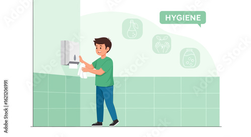 Boy Dries Hands In Public Restroom For Personal Healthcare And Cleanliness