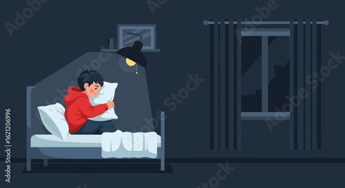 Boy Embracing Pillow At Night Depicting Emotional Turmoil In Dark Room