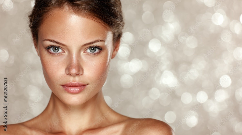 Naklejka premium Female Model Showcasing Radiant Skin After Dermaplaning Against a Soft Bokeh Backdrop in an Elegant Setting