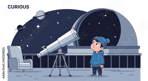 Boy Gazing At Outer Space Through Telescope With A Sense Of Wonder