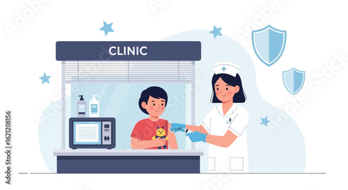 Boy Getting A Vaccination By A Female Doctor In Clinic Illustration