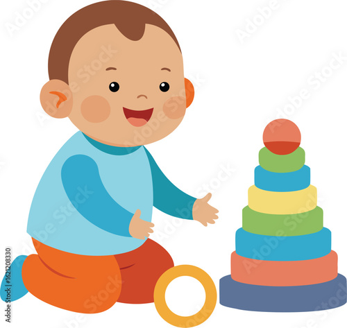 Happy baby playing with a colorful stacking toy