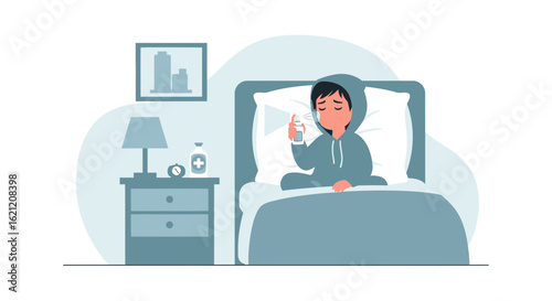 Boy Having Cold Lying In Bed And Using Nasal Spray Treatment