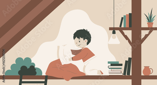 Boy In Cozy Attic Reading Nook Illustration Capturing Peaceful Moments At Home