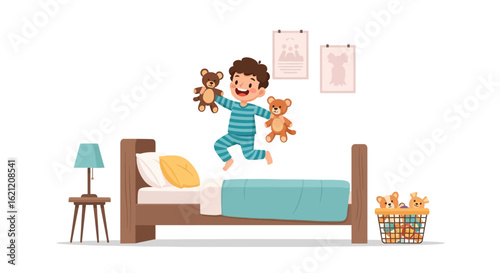 Boy In Pajamas Jumping On Bed With Teddy Bears Inside Playful Room