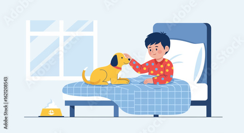 Boy In Pajamas Petted His Dog In Bed At Morning With Light From Window