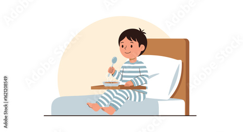 Boy In Pajamas Enjoying A Meal While Sitting In Bed Comfortably