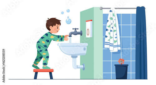Boy In Pajamas Reaches Faucet Standing On Stool In Clean Bathroom