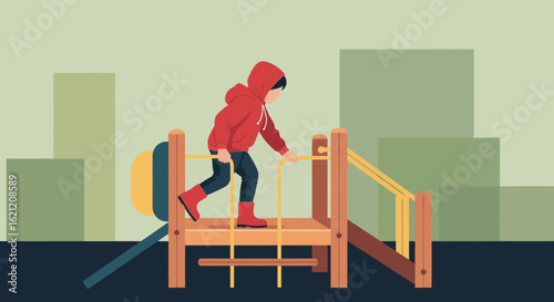 Boy In Red Hoodie Playing On Playground Structure In Urban Park