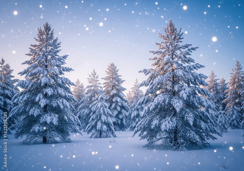 Obraz premium Snow covered trees in a winter wonderland landscape with falling snow